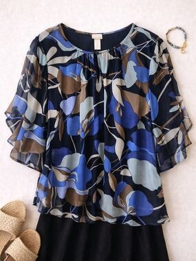 Chico’s Blue Floral Sheer Blouse Size 2 Boho Flowy